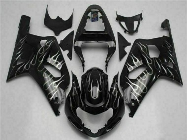 2001-2003 Suzuki GSXR 600/750 Motorcycle Fairings - Glossy Black Silver Flame UK
