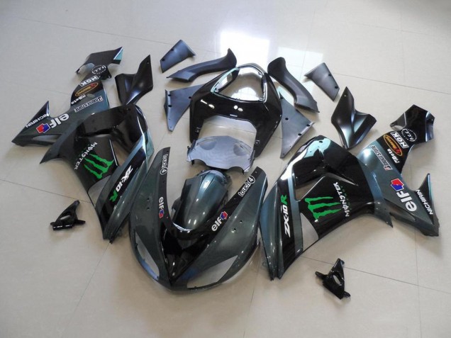 2006-2007 Kawasaki ZX10R Motorcycle Fairings - Glossy Black Matte Black Green Elf Touch4 Monster Energy UK