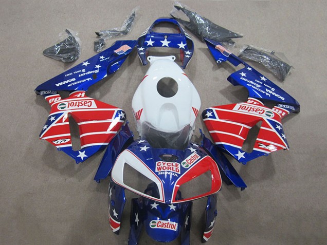 2005-2006 Honda CBR600RR Motorcycle Fairings - White Red Blue Cycle World Castrol UK
