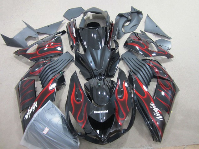 2006-2011 Kawasaki ZX14R ZZR1400 Motorcycle Fairing - Glossy Black Red Flame UK