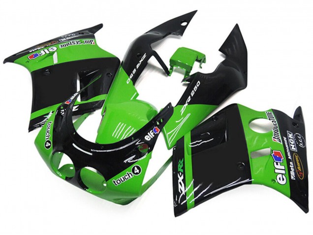 1989-1990 Kawasaki ZXR250 Motorcycle Fairings - Green Glossy Black Elf Touch4 Bridgestone UK