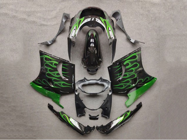 1993-2003 Kawasaki ZZR1100 Motorcycle Fairings - Glossy Black Green Flame UK