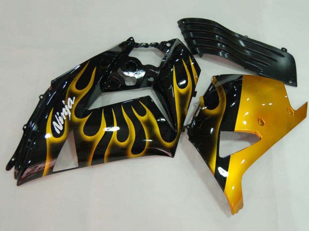2006-2011 Kawasaki ZX14R ZZR1400 Motorcycle Fairings - Glossy Black Gold Flame UK