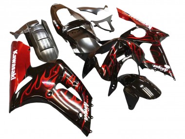 2003-2004 Kawasaki ZX6R Motorcycle Fairings - Glossy Black Red Flame UK