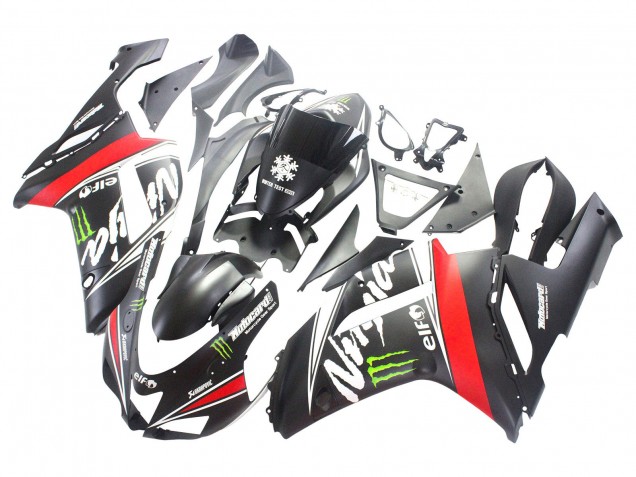2007-2008 Kawasaki ZX6R Motorcycle Fairings - Black White Red with White Snow Decal Ninja Elf UK