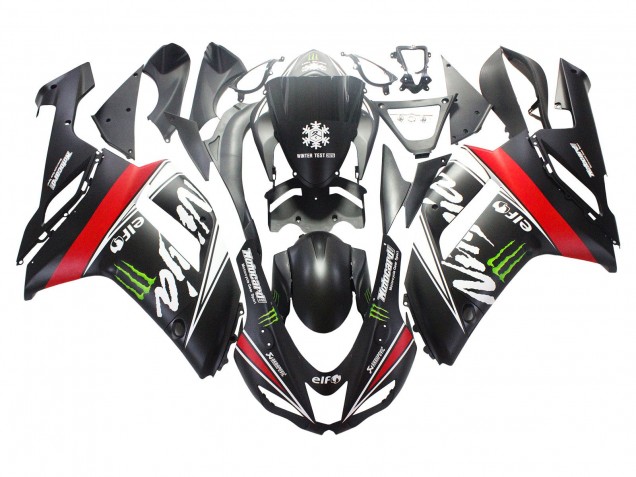 2007-2008 Kawasaki ZX6R Motorcycle Fairings - Black White Red with White Snow Decal Ninja Elf UK