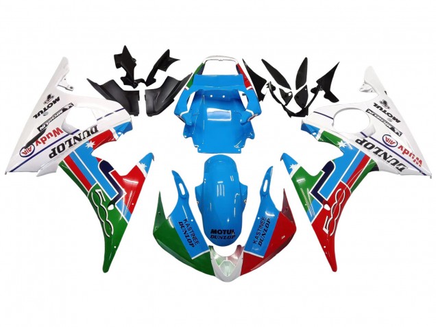 2003-2004 Yamaha YZF R6 Motorcycle Fairings - White Blue Green Red Kastinee Dunlop Motul UK