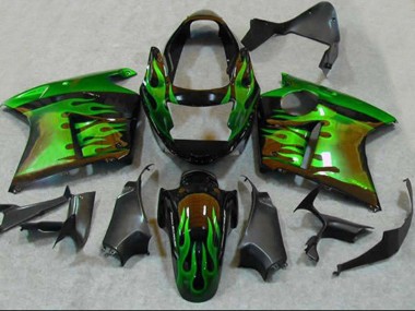 1996-2007 Honda CBR1100XX Blackbird Motorcycle Fairings - Glossy Black Green Flame UK