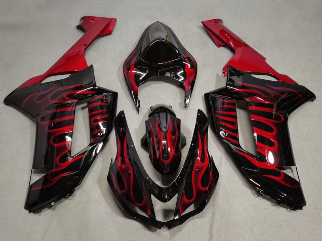 2007-2008 Kawasaki ZX6R Motorcycle Fairings - Black Red Flame UK