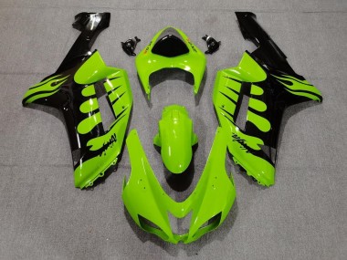 2007-2008 Kawasaki ZX6R Motorcycle Fairings - Green Black Flame UK
