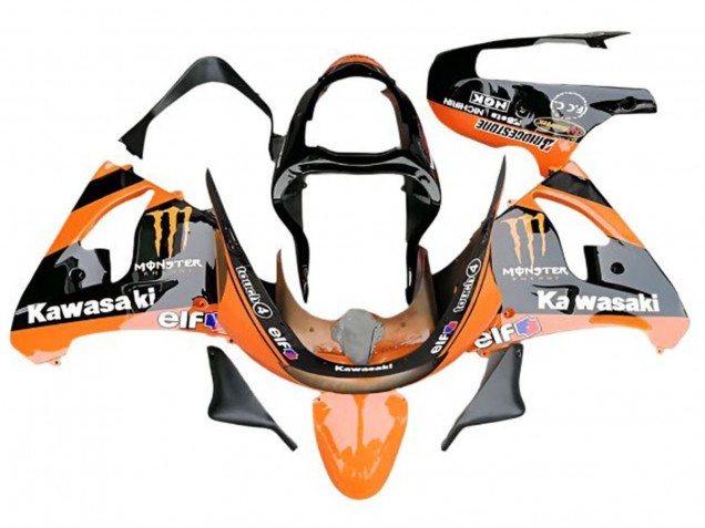 2009-2012 Kawasaki ZX6R Motorcycle Fairings - Orange Glossy Black Elf Monster UK