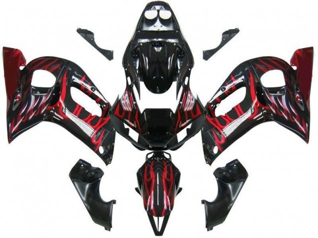 1998-2002 Black Red Flame Yamaha YZF R6 Replacement Fairings