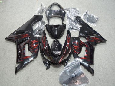 2005-2006 Black Red Flame Kawasaki ZX6R Bike Fairing Kit